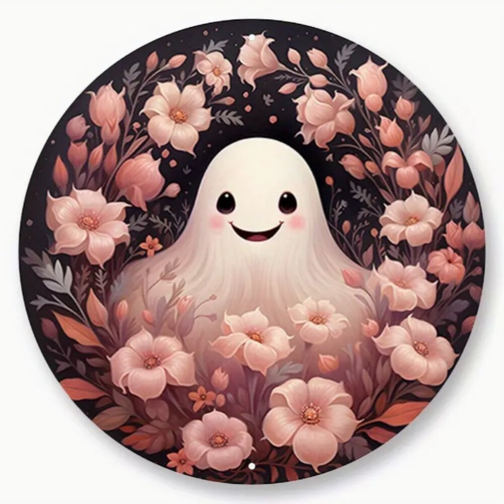 1pc 8x8 Aluminum Sign, Ghost Wreath Sign, Pink Floral Halloween Wreath Sign
